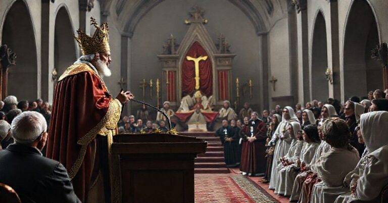 Obraz przedstawiający uzurpatora Leona XIV podczas przemówienia przed członkami sekularnego stowarzyszenia doradców zatrudnienia w 2025 roku. Na tle kościoła i wiernych w tradycyjnych strojach ukazano sprzeczność pomiędzy modernistycznym retoryką a wieczystymi prawdami Tradycji Świętej.