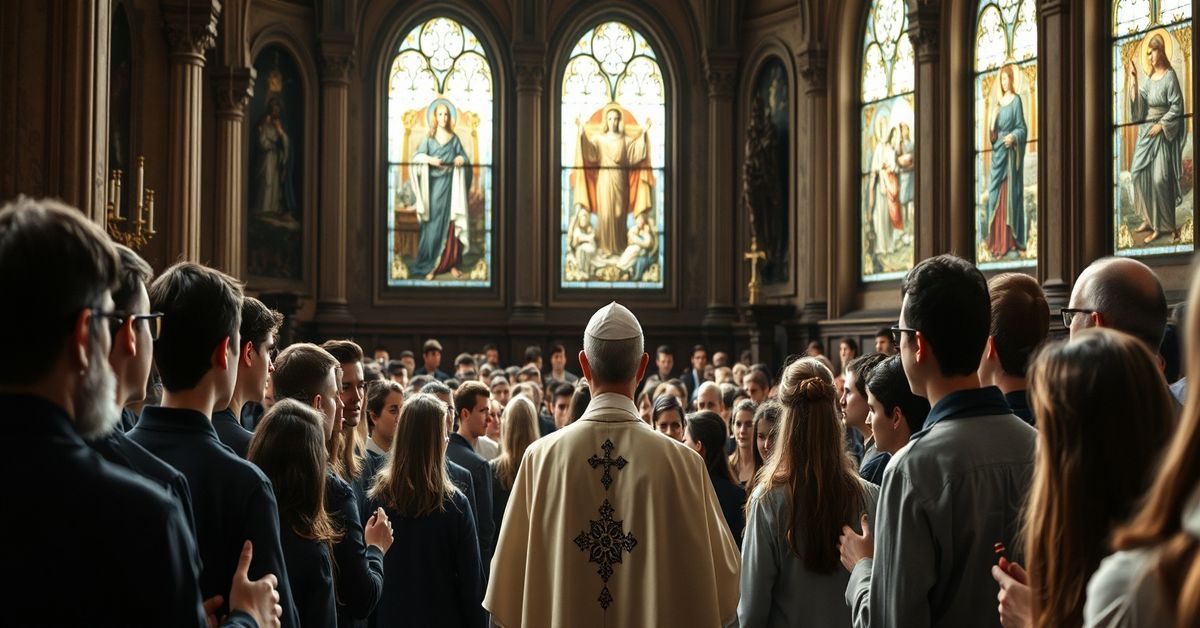 Uzurpator Leon XIV przemawia do młodzieży - bez prawdy o Królestwie Chrystusa Zbór katolickiej młodzieży słuchający przemowy uzurpatora Leona XIV w kościele, bez krzyża i prawdziwego posłuszeństwa Chrystusowi.