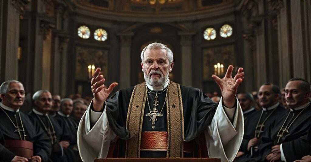 Portret uzurpatora Leona XIV w sali Watykańskiej podczas przemówienia o chrześcijańskim humanizmie.