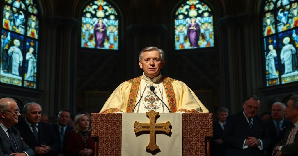 Portret uzurpatora Leona XIV podczas przemówienia przed przedstawicielami Europejskiej Partii Ludowej w Watykanie