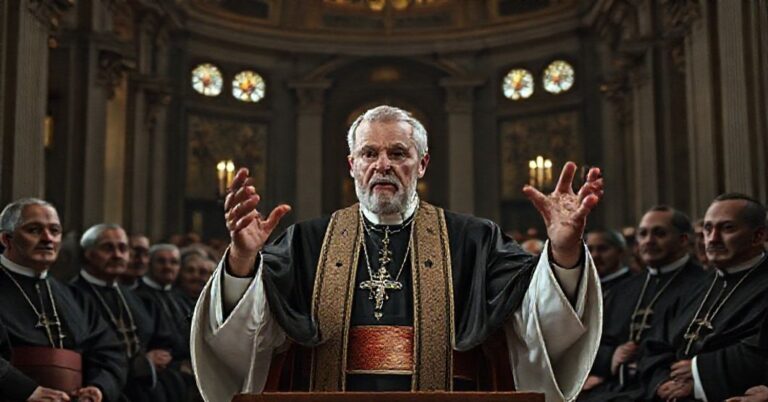 Portret uzurpatora Leona XIV w sali Watykańskiej podczas przemówienia o chrześcijańskim humanizmie.