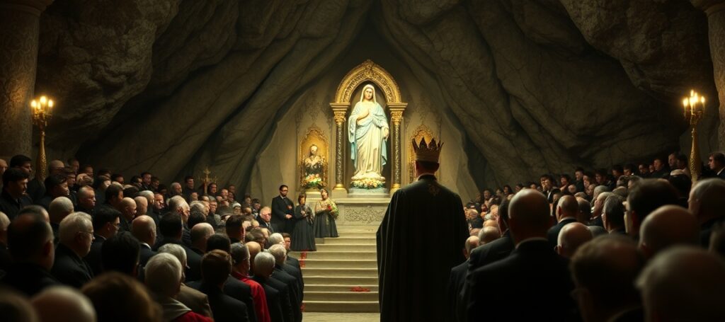 Uzurpator Leon XIV przemawia przed grotą Matki Bożej z Lourdes w Ogrodach Watykańskich, wzywając do pokoju bez Chrystusa Króla