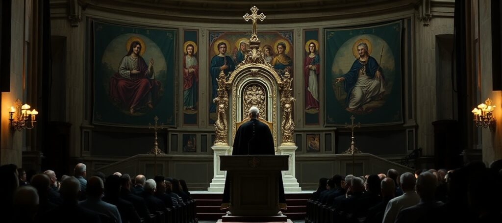 Pusta stolica św. Piotra w bazylice watykańskiej z cieniem uzurpatora Leona XIV na tle współczesnego trybunału z modernistycznymi symbolami.