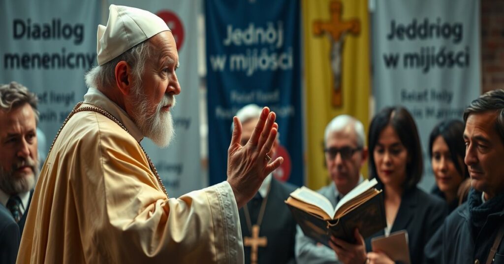 Tradycyjno-katolickie przedstawienie modernistycznej herezji ekumenizmu - sceny z przemówienia uzurpatora Leona XIV do Ruchu Focolari