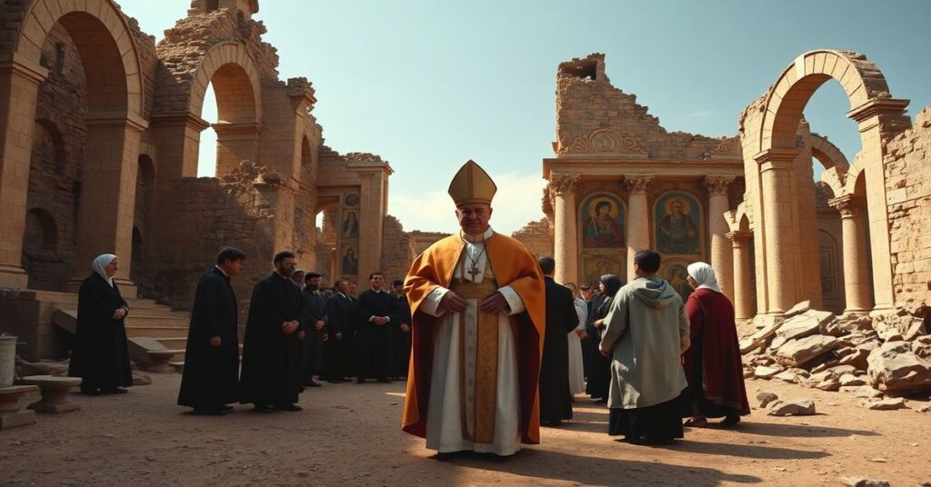 Uzurpator Leon XIV w ruinach Bazyliki Pokoju w Hipponie, symbolizujący upadek prawdziwego katolicyzmu