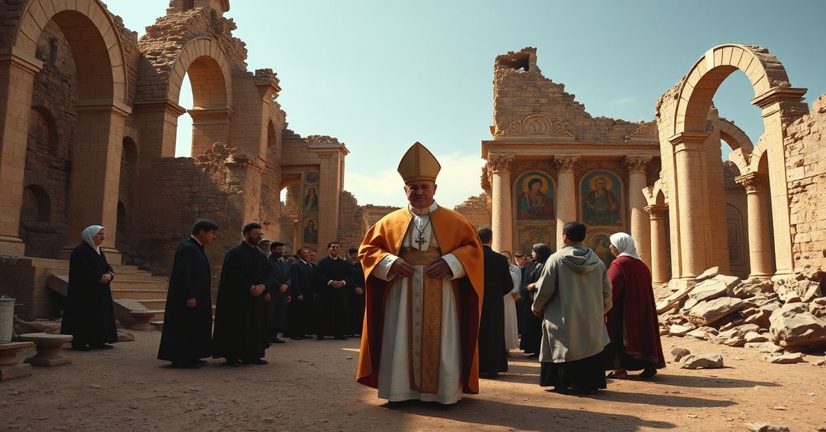 Uzurpator Leon XIV w ruinach Bazyliki Pokoju w Hipponie, symbolizujący upadek prawdziwego katolicyzmu