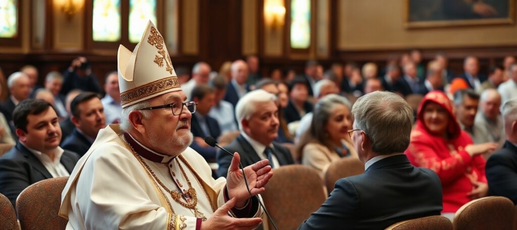 Plac Świętego Piotra w Rzymie podczas audiencji generalnej 27 maja 2026. Uzurpator Leon XIV wręcza różaniec zasłabłemu kapłanowi ks. Diego Semeraro.