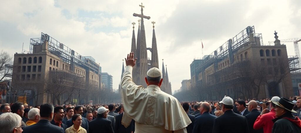 Uzurpator Leon XIV przed Bazyliką Sagrada Familia w Barcelonie podczas fałszywej konsekracji wieży Jezusa Chrystusa