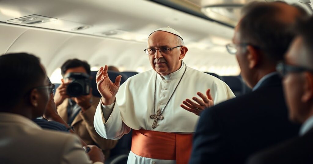 Urzępowy modernista w białej sutannie z krzyżykiem na piersi gestykuluje na pokładzie samolotu z widokiem afrykańskiego krajobrazu w tle.