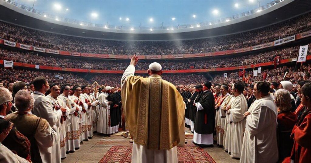 Uzurpator watykański w szatach papieskich na stadionie w Stambule podczas pseudoliturgii promującej herezję ekumenizmu. W tłumie widoczni heretycy i niekatolicy.