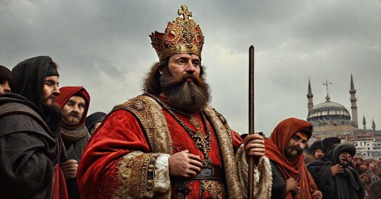 Portret uzurpatora Leona XIV przed meczetem w Stambule. Scena przedstawia zdrada prawdy katolickiej pod pretekstem ekumenizmu.