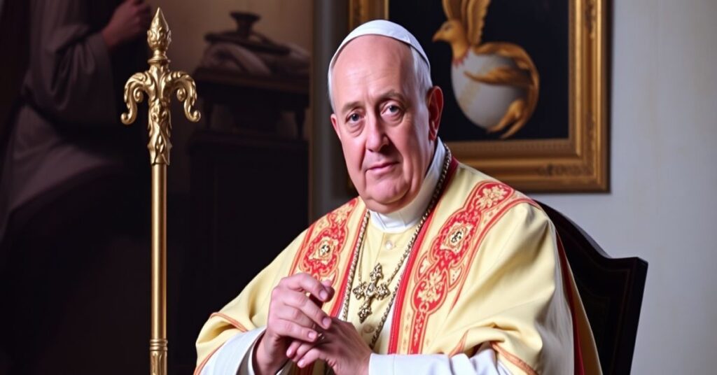 Portret uzurpatora Roberta Prevosta jako „papieża Leona XIV” podczas przemówienia w studiu Vatican News promującego naturalistyczny humanitaryzm.