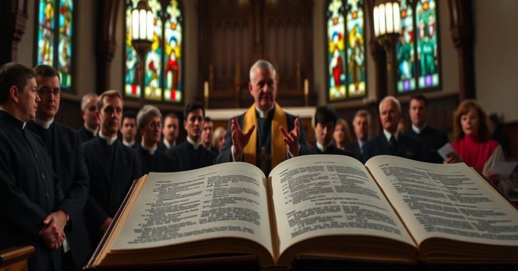 Grupa kleryku i wiernych słucha wygłaszanego przez uzurpatora Leona XIV przemówienia o zapobieganiu nadużyciom w kościele bez odwołania do sakramentów pokuty.