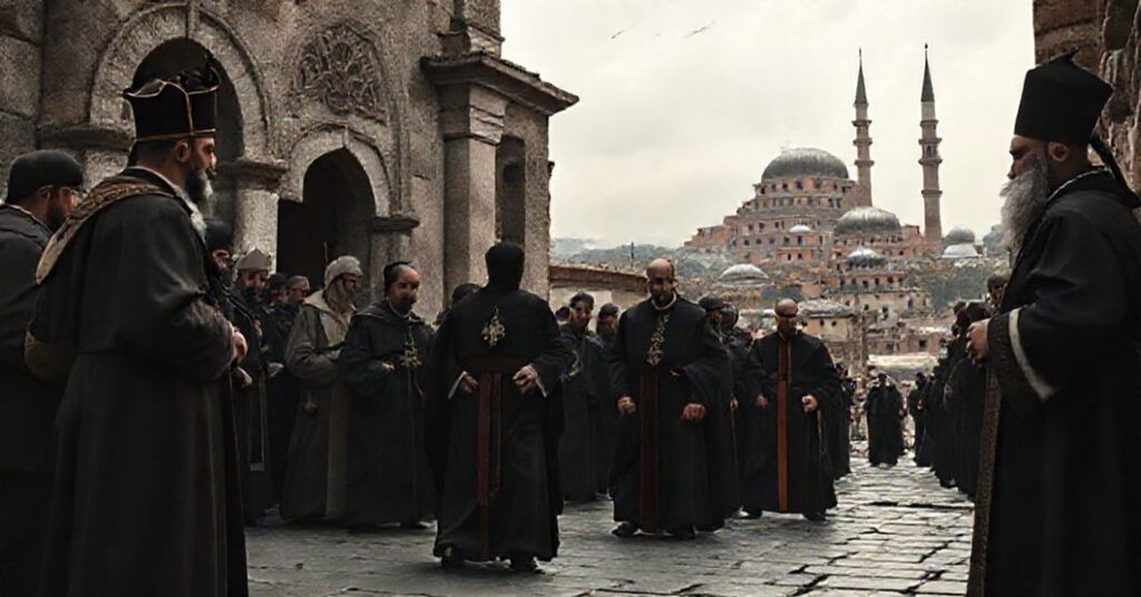 Zdjęcie przedstawiająca skandaliczną pielgrzymkę uzurpatora "Leona XIV" do Turcji i Libanu, z wizytą w meczecie i schismatycznymi liturgiami.