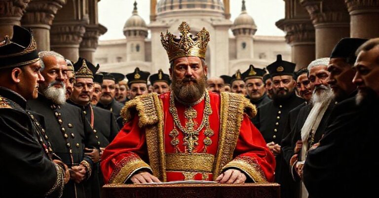 Obraz przedstawiający uzurpatora Leona XIV podczas przemówienia w Turcji, otoczonego przez tureckich urzędników i duchownych na tle osmańskiej architektury. Scena odzwierciedla herezję promovowanego pluralizmu religijnego.