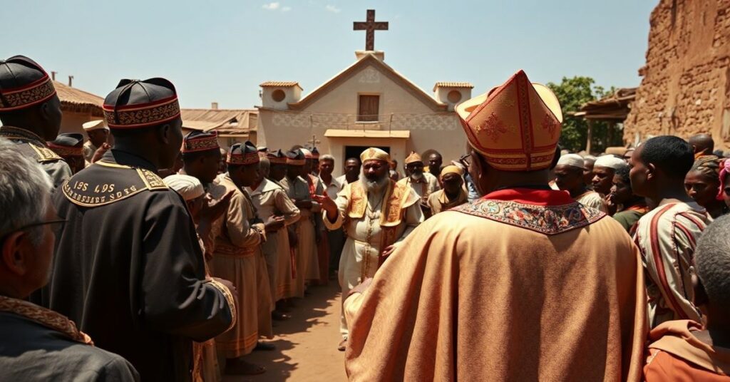 Obraz przedstawiający uzurpatora Leona XIV podczas kontrowersyjnej pielgrzymki do Angoli w 2026 roku. Scena skupia się na tradycyjnym katolickim perspektywie, pokazując uzurpatora przemawiającego do tłumu w Saurimo otoczony przez „komandosów ewangelizacji”. W tle widoczny jest skromny kościół, a starsi mieszkańcy słuchają uważnie, podkreślając kontrast między prawdziwą katolicką nauką a humanizmem modernistycznym promowanym przez fałszywego papieża.