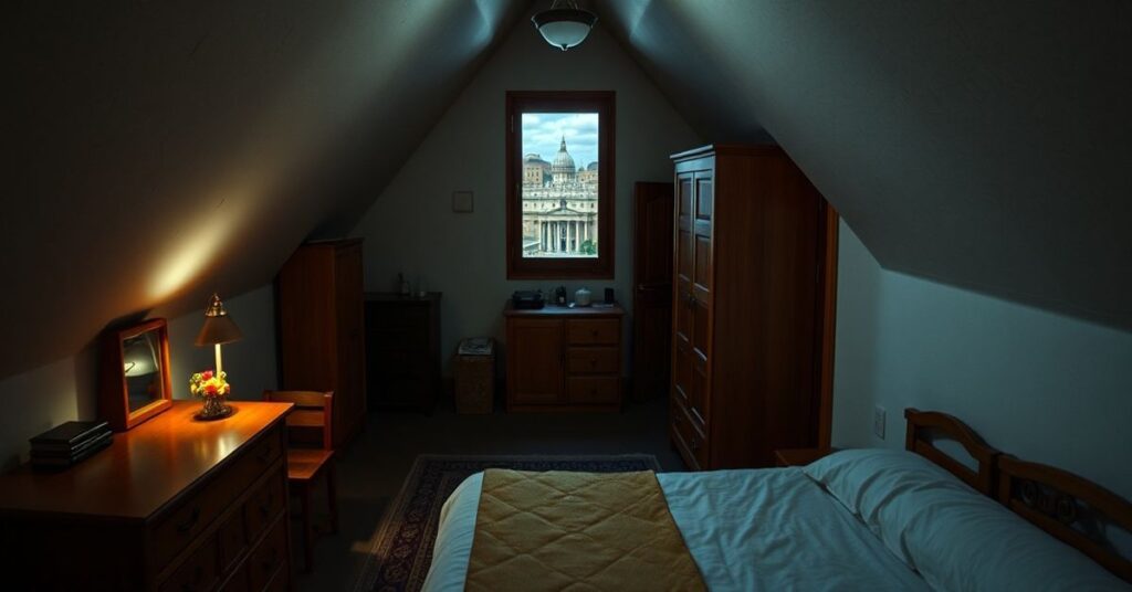 Ciemna i ciasna poddaszowa izba z tanimi meblami zakupionymi w sieciowym sklepie, przedstawiająca „asketyczne” apartamenty uzurpatora Leona XIV w Pałacu Apostolskim. Brak widoku na Plac św. Piotra symbolizuje utratę katolickiego majestatu.