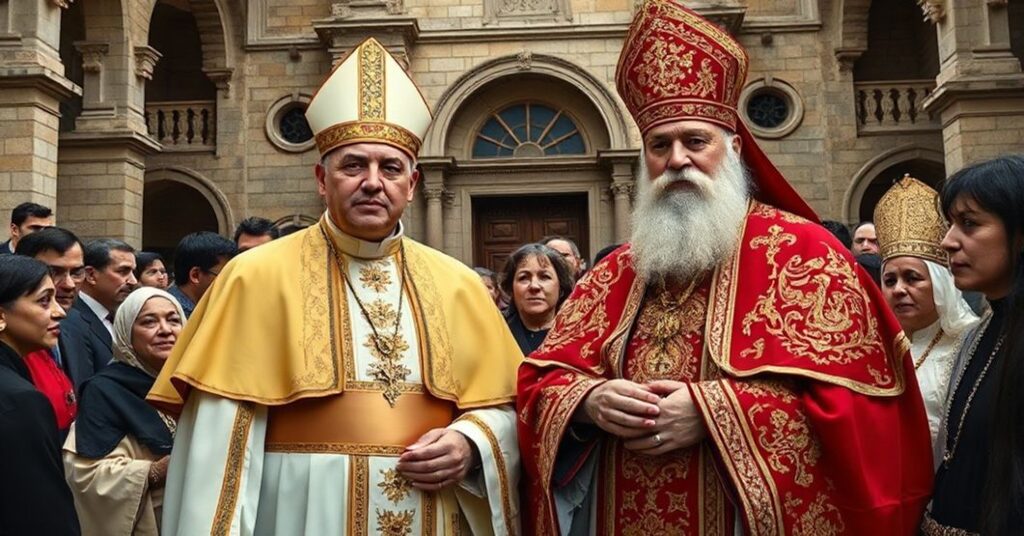 Scena tradycyjna katolicka przedstawiająca fałszywe "ekumeniczne" spotkanie między uzurpatorem Leonem XIV a Patriarchą Raphaëlem Bedrosem XXI Minassianem w Bejrucie.