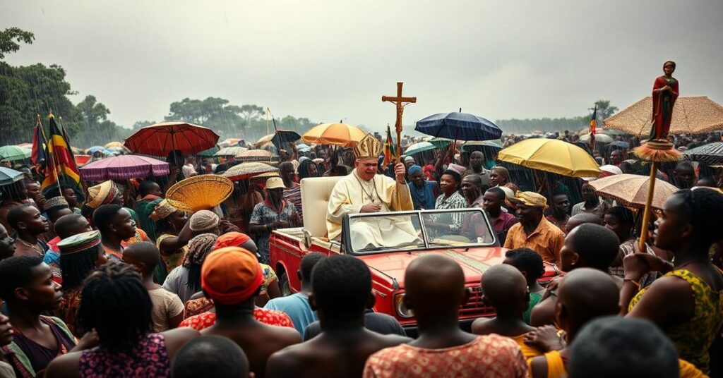 Tradycyjna katolicka scena z zebrania w Bata w Gwinei Równikowej z młodzieżą i rodzinami pod szarym, deszczowym niebem. Głównym tematem jest fałszywy papież Leon XIV (Roberto Prevost) w papamobile otoczony przez fałszywego biskupa Miguela Ángela Nguema Bee.