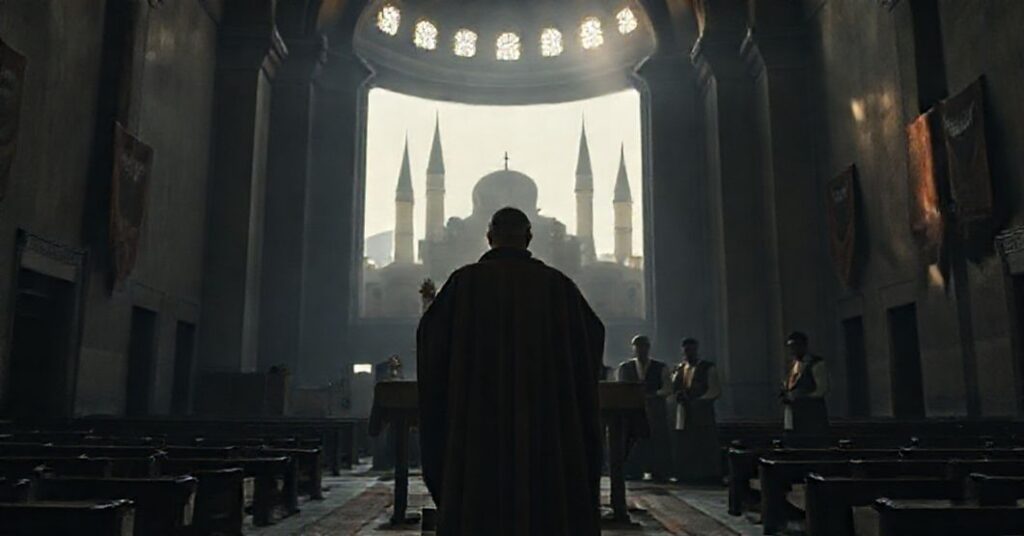 Wnętrze Hagii Sophii w Stambule z postacią o nazwie 'Leo XIV' na modernistycznym fałszywym ołtarzu w otoczeniu bez tradycyjnych elementów katolickich