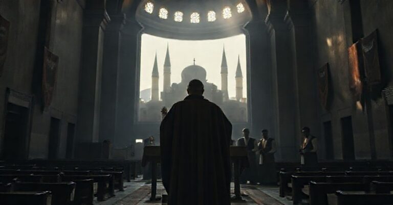 Wnętrze Hagii Sophii w Stambule z postacią o nazwie 'Leo XIV' na modernistycznym fałszywym ołtarzu w otoczeniu bez tradycyjnych elementów katolickich