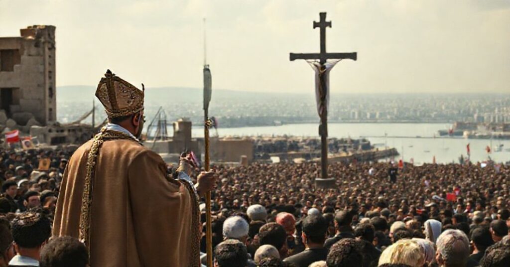 Scena katolicka przedstawiająca uzurpatora Leona XIV podczas wizyty w Libanie w 2025 roku. Zdjęcie ukazuje go w porcie bejruckim otoczonego przez tysiące osób podczas pseudoliturgii.