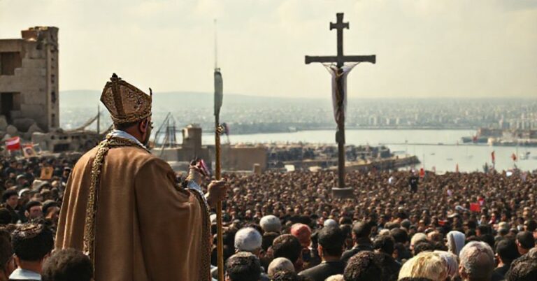 Scena katolicka przedstawiająca uzurpatora Leona XIV podczas wizyty w Libanie w 2025 roku. Zdjęcie ukazuje go w porcie bejruckim otoczonego przez tysiące osób podczas pseudoliturgii.