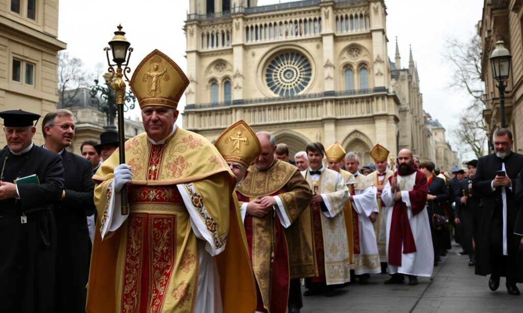 Procesja uzurpatora Leona XIV w Paryżu z katedrą Notre-Dame na tle
