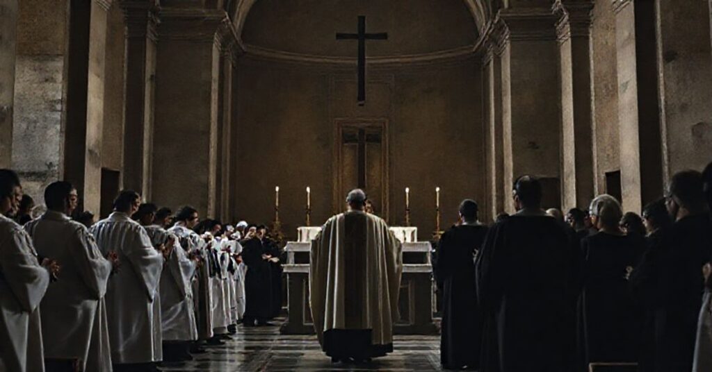 Zdjęcie przedstawiające oszustwa liturgiczne w rzymskim kościele św. Anzelma pod przywództwem uzurpatora Roberta Prevosta (Leon XIV).