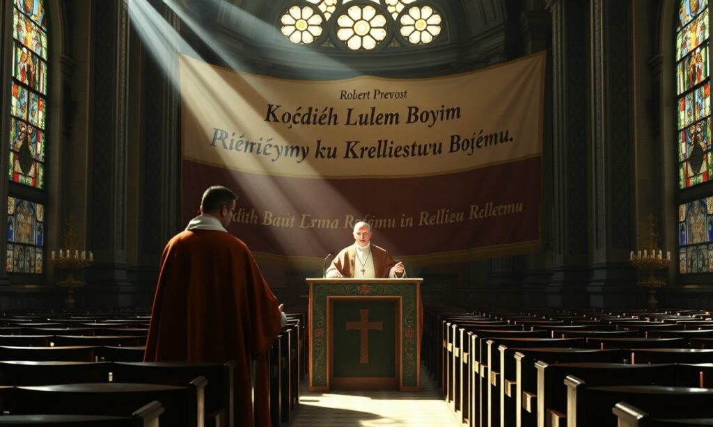Scena w Bazylice św. Piotra w Watykanie z uzurpatorem Robertem Prevostem znanym jako Leon XIV podczas katechezy