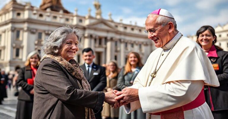 Scena z uroczystości wręczenia kluczy przez uzurpatora 'Leona XIV' australijskiej bezdomnej kobiecie w Watykanie