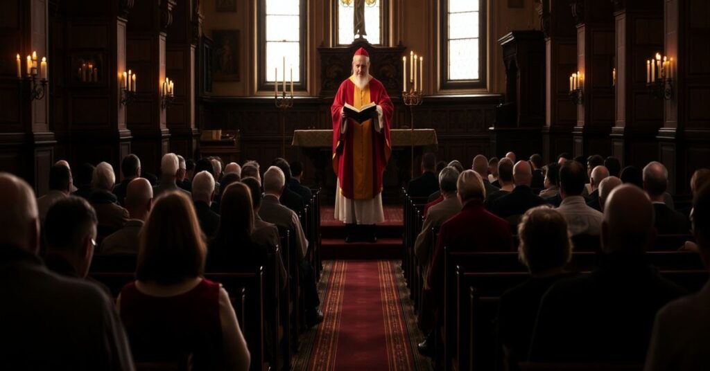 Scena w tradycyjnym kościele katolickim z modlącymi się wiernymi i księdzem przy ołtarzu.