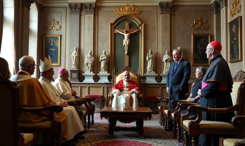 Uzurpator Leon XIV w Watykanie z prezydent Islandii Halli Tómasdóttir i kardynałem Pietro Parolinem oraz abp. Paulem Gallagherem