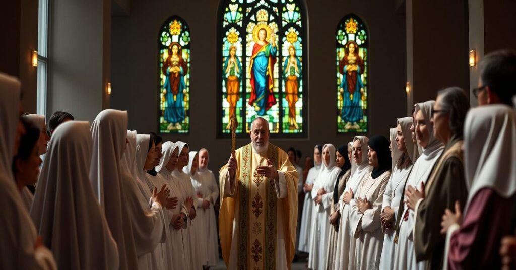 Zdjęcie przedstawia spotkanie uzurpatora Leona XIV z członkami sekty Regnum Christi w manierze podkreślającej fałszywe 'charyzmaty' i 'przywództwo sługi'. Scena rozgrywa się w nowoczesnej kaplicy z zniekształconymi symbolami religijnymi.