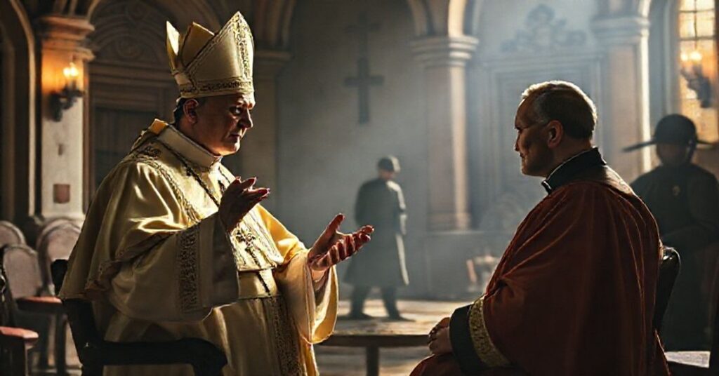 Uzurpator 'Leon XIV' spotykający się z Wołodymyrem Zełenskim w Castel Gandolfo, otoczony renesansową architekturą. Scena ukazuje fałszywego papieża krytykującego plan pokojowy USA dla Ukrainy.