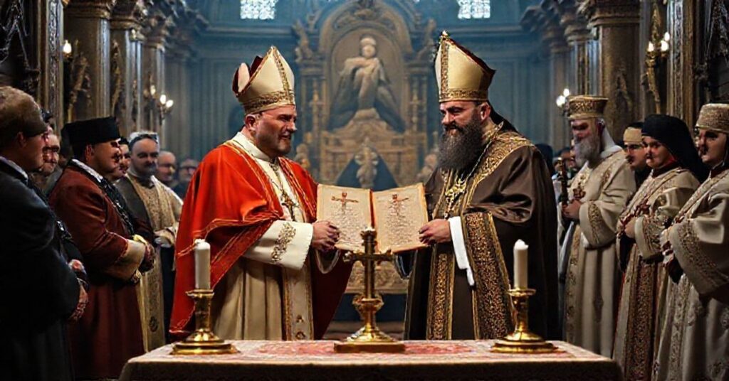 Uroczysty scenariusz przedstawiający fałszywe spotkanie ekumeniczne między uzurpatorem 'Papieżem Leonem XIV' a schizmatykiem 'Patriarchą Ekumenicznym Bartłomiejem I' w Stambule w 2025 roku.