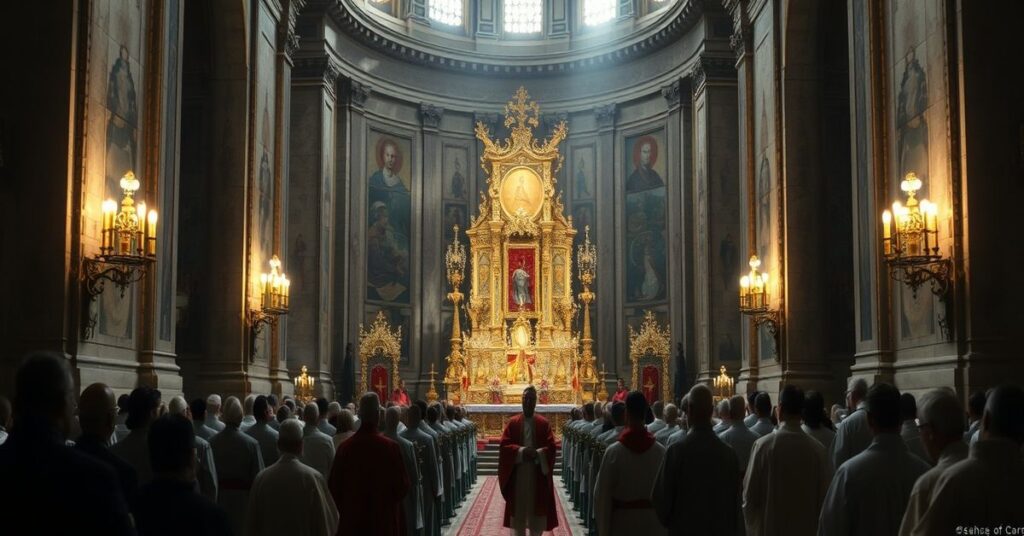 Wnętrze Bazyliki Laterańskiej podczas modernistycznej 'celebracji eucharystycznej' pod przewodnictwem uzurpatora Roberta Prevosta (Leon XIV). Scena przedstawia zmienione ułożenie ołtarza bez relikwii, puste tron papieskie i zgromadzenie duchowieństwa i wiernych biorących udział w obrządkach posoborowych.
