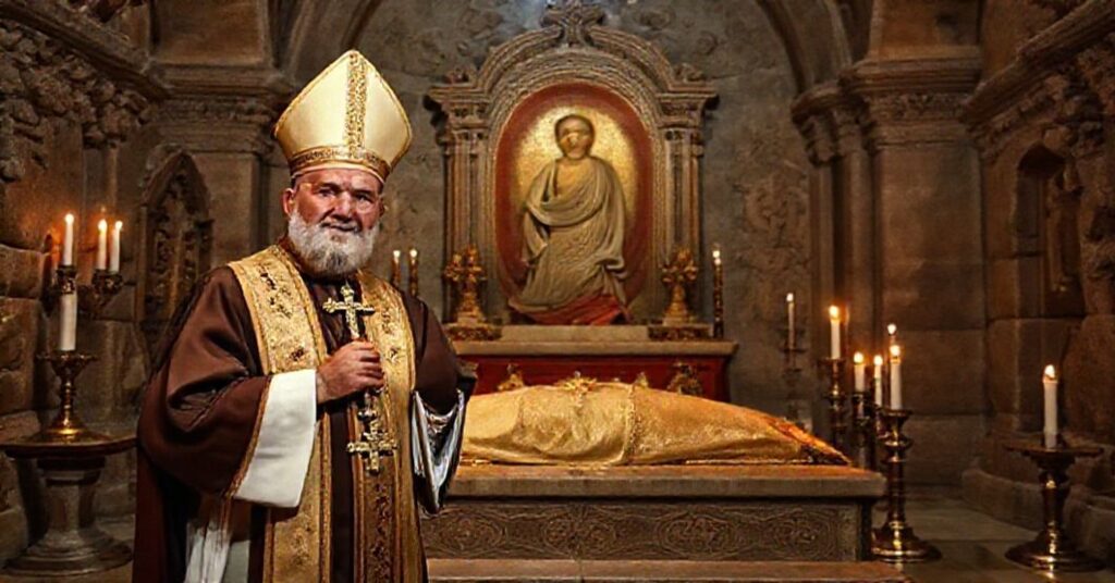 Uzurpator Robert Prevost przy grobie niekanonizowanego mnicha Jozefa Makhloufa w Annaya