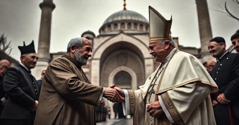 Sztucznego papieża „Leo XIV” spotykającego się z mordercą Mehmet Ali Agcą przed profanowaną Hagia Sophia w Iznik w Turcji.