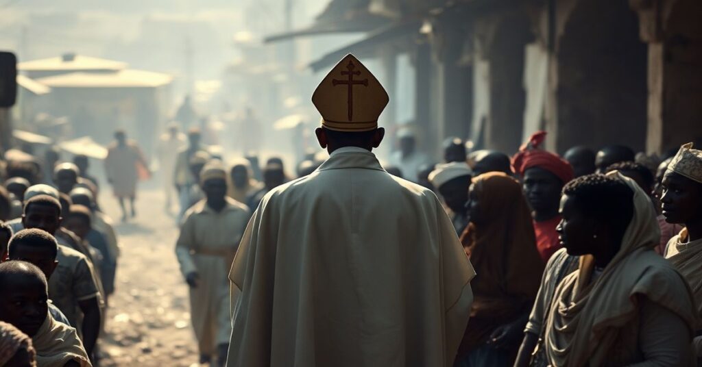 Obraz przedstawiający fałszywą pielgrzymkę 'papieża' w Angoli. Widziany jest na tle nędzy i podziałów społecznych.