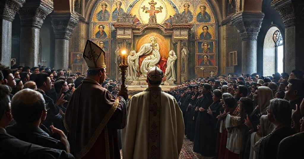 Antypapież Leon XIV przed grobem rzekomego świętego Szarbela w schizmatyckim sanktuarium w Annayi