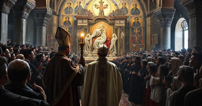 Antypapież Leon XIV przed grobem rzekomego świętego Szarbela w schizmatyckim sanktuarium w Annayi