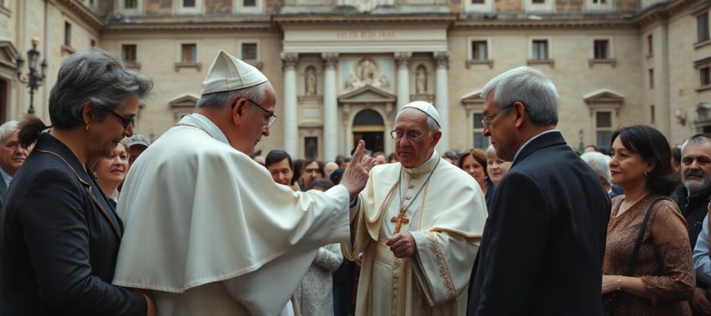 Smętna scena w Castel Gandolfo przedstawiająca rodziców żałobników stających przed uzurpatorem udającym papieża.