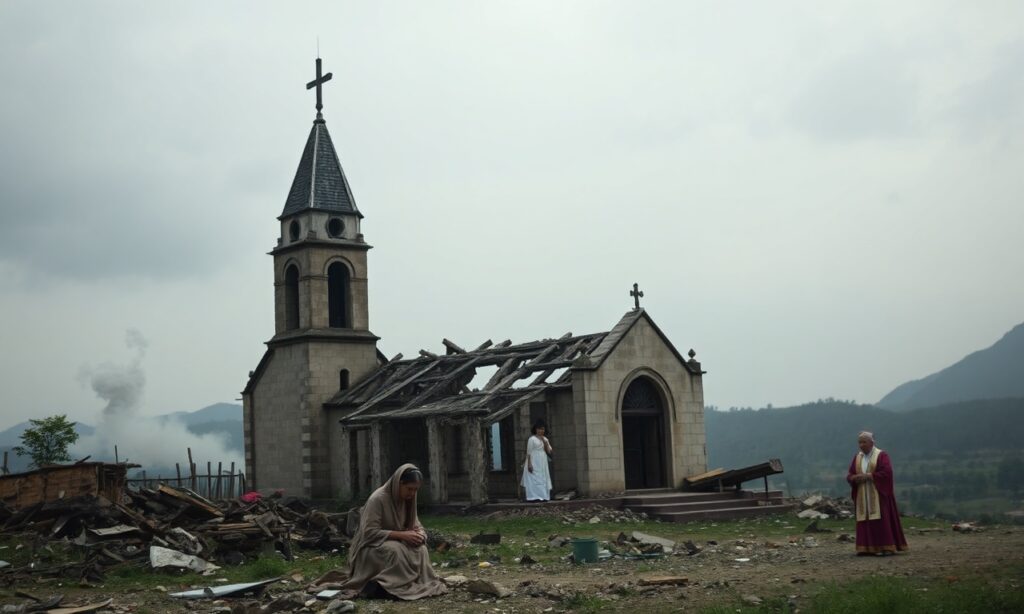 Ruiny kościoła w Kolumbii z palącymi się budynkami na tle; smutna matka trzymająca dziecko; biskup w tradycyjnych szatach modli się w odległości; scenografia wskazuje na brak pokoju bez Chrystusa Króla.