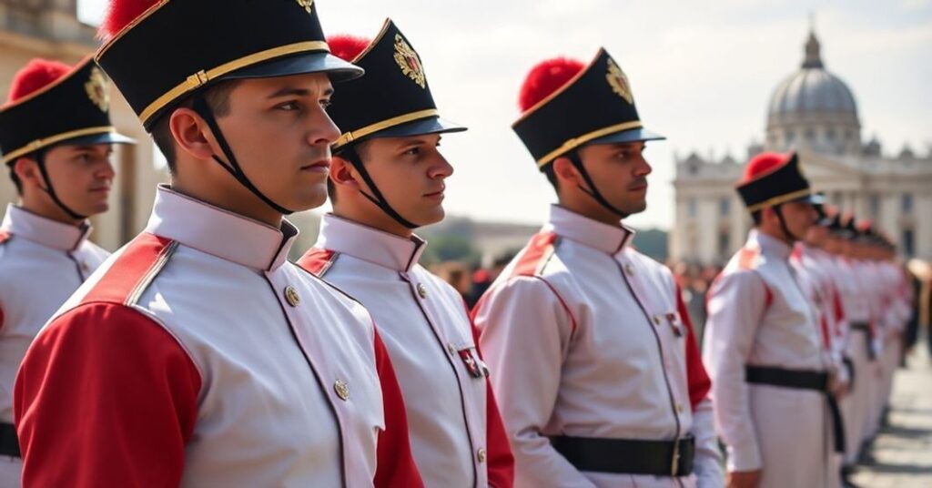 Sztuczna inteligencja generuje realistyczny obraz strzeżów watykańskich w mundurach, z widokiem na bazylikę Św. Piotra na tle. Scena wygląda powaźną i ustrojoną.