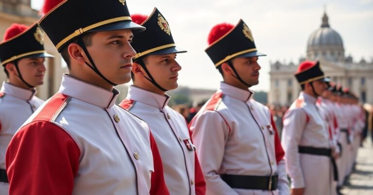 Sztuczna inteligencja generuje realistyczny obraz strzeżów watykańskich w mundurach, z widokiem na bazylikę Św. Piotra na tle. Scena wygląda powaźną i ustrojoną.