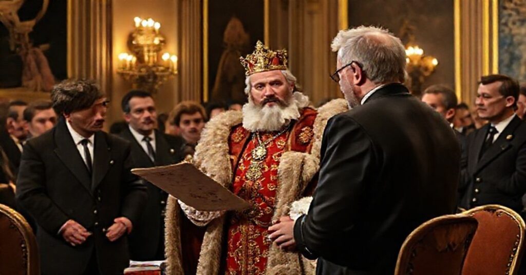 Uzurpator watykański Robert Prevost przemawia do dyplomatów w luksusowym salonie Watykanu