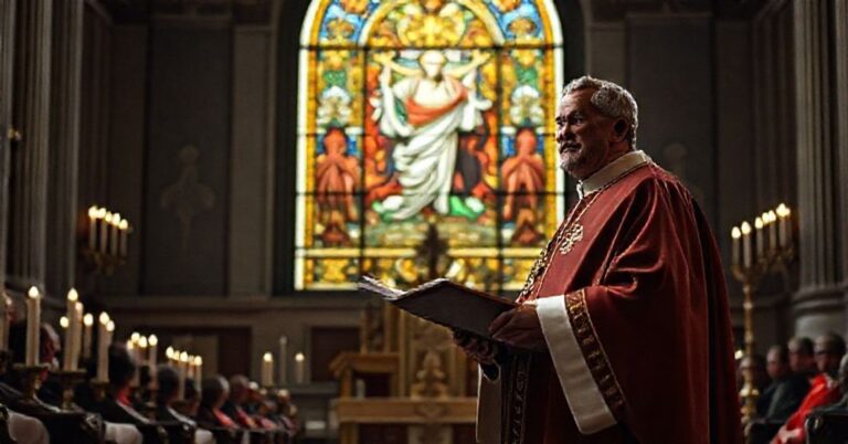 Uzurpator watykański w tradycyjnym kościelnym wnętrzu przemawia o pokoju bez odniesienia do nauki Kościoła o sprawiedliwej wojnie.