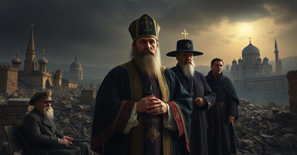 Zdjęcie przedstawiające uzurpatora watykańskiego Roberta Prevosta ("Leona XIV") w ruinach Strefy Gazy z modernistycznym "proboszczem" Gabriel Romanellim i pseudokardynałem Pierbattistą Pizzaballą, symbolizujące puste humanitaryzmu wobec wojny i pokoju.