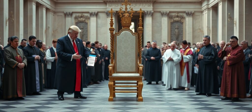 Pusty tron św. Piotra w Watykanie z tłem krytyki Donalda Trumpa wobec uzurpatora Leona XIV i ekumenicznej modlitwy z heretykami